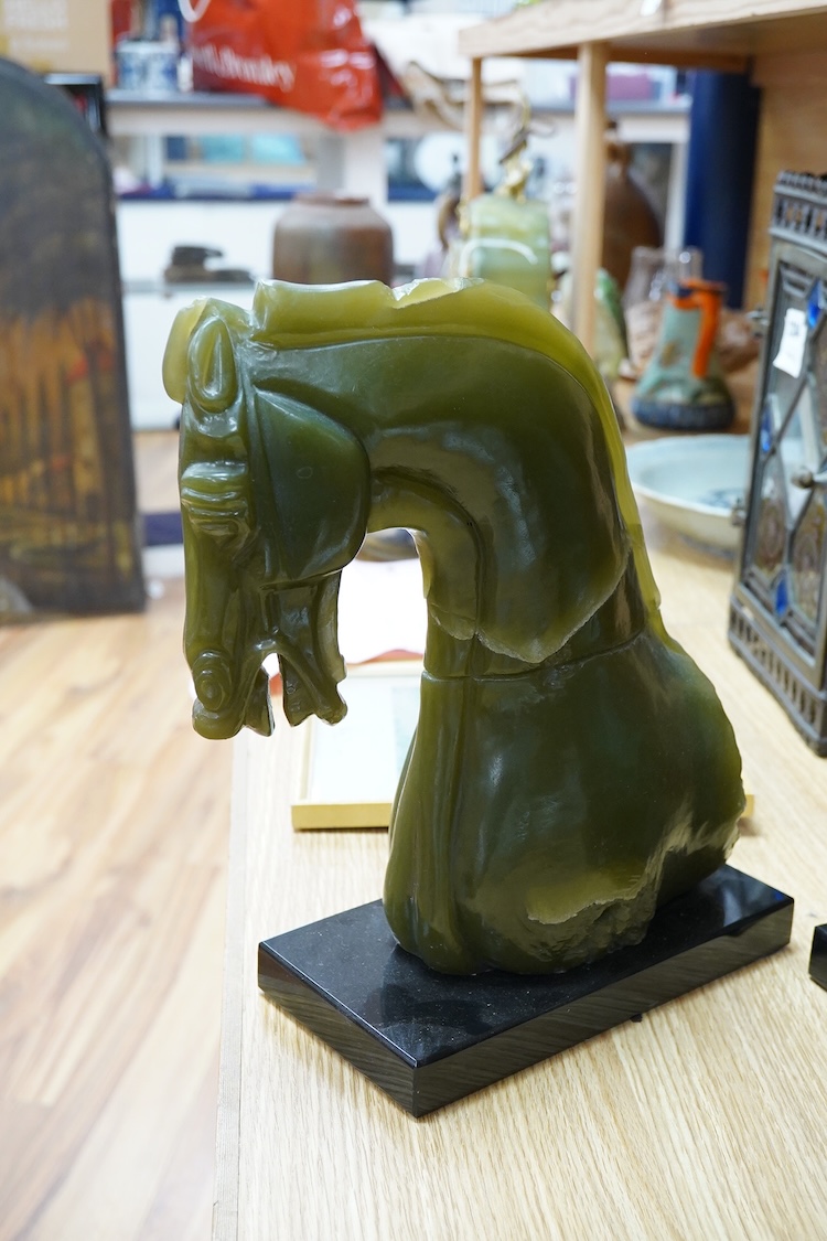 Two Austin V&A sculptures, simulated jade horses ornaments, 32cm high